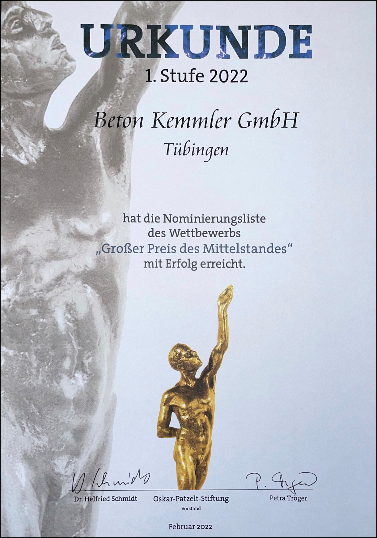 Beton Kemmler für den „großen Preis des Mittelstandes“ nominiert